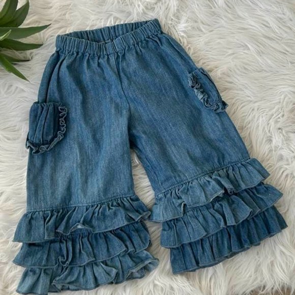 Girls Capri Triple Ruffle Denim Pants Adorable Boutique - Picture 1 of 1